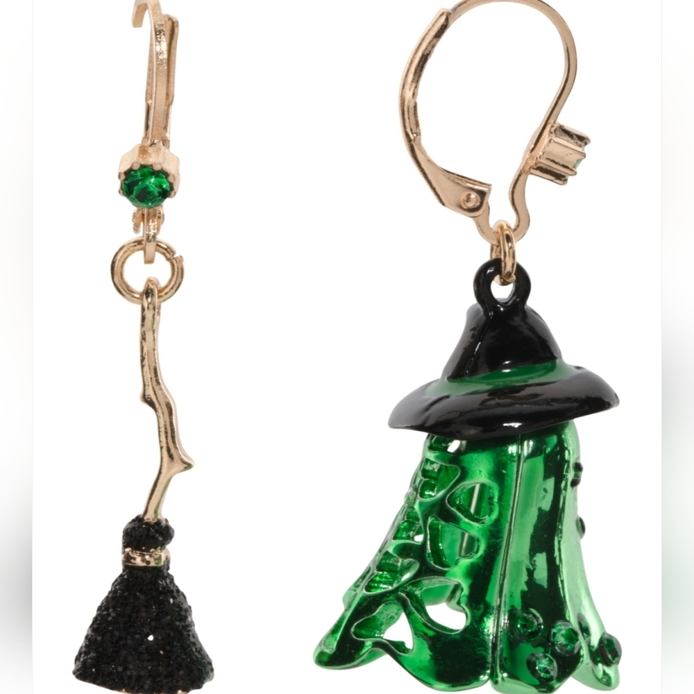 💚▪️BETSEY JOHNSON▪️ Crystal Ghost Witch Broom Mismatch Earrings